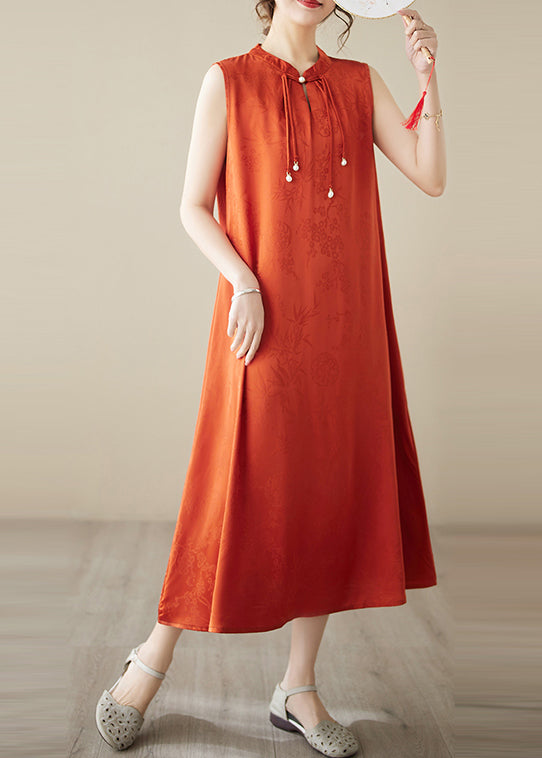 Art Orange Tasseled Jacquard Silk Dress Sleeveless