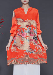 Art Orange V Neck Dragon Print Cotton Short Dress Spring