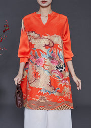 Art Orange V Neck Dragon Print Cotton Short Dress Spring