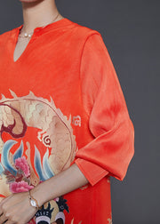 Art Orange V Neck Dragon Print Cotton Short Dress Spring