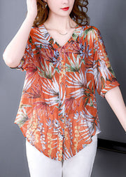 Art Orange V Neck Print Zircon Silk Tops Short Sleeve