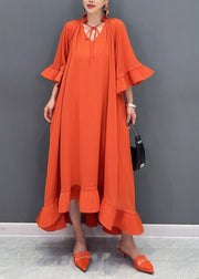 Art Orange V Neck Vacation Long Dresses Flare Sleeve