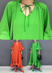 Art Orange V Neck Vacation Long Dresses Flare Sleeve