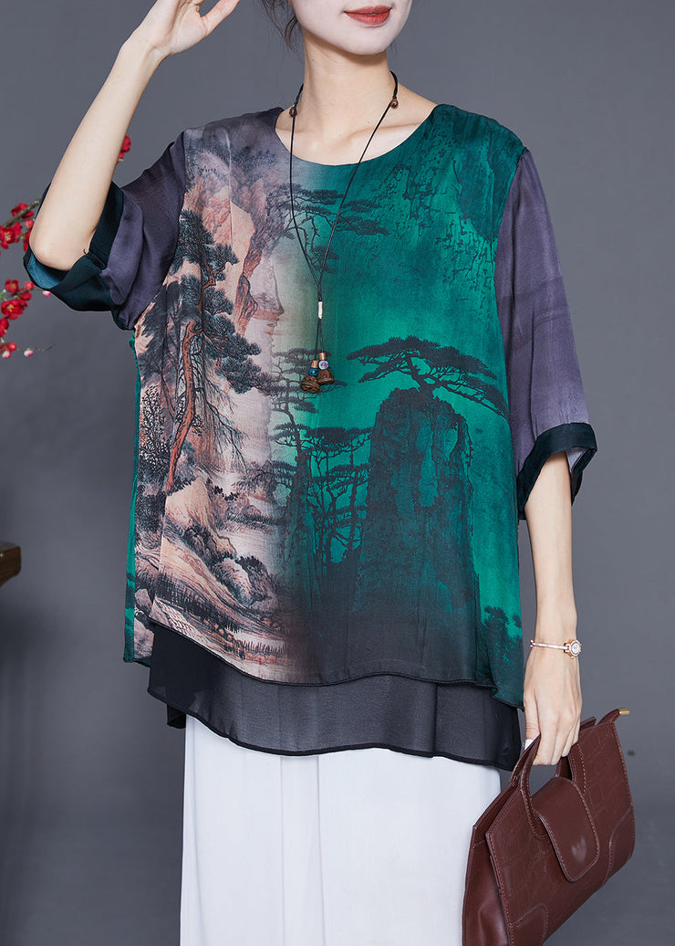 Art Oversized Patchwork Landscape Painting Silk Shirt Half Sleeve