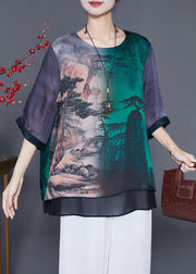 Art Oversized Patchwork Landscape Painting Silk Shirt Half Sleeve