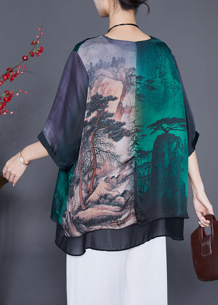 Art Oversized Patchwork Landscape Painting Silk Shirt Half Sleeve