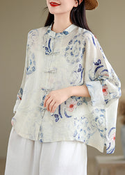 Art Oversized Print Chinese Button Linen Blouses Spring