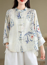 Art Oversized Print Chinese Button Linen Blouses Spring