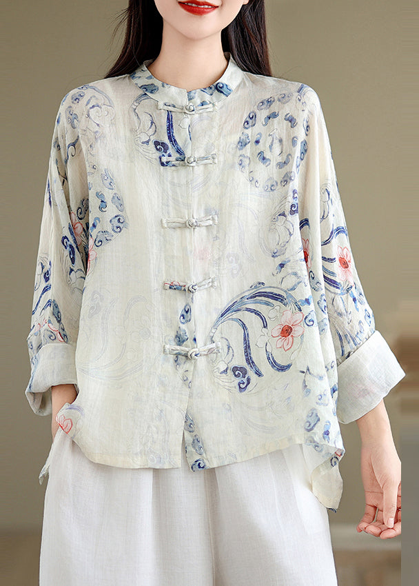 Art Oversized Print Chinese Button Linen Blouses Spring