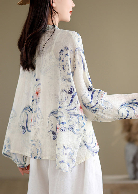 Art Oversized Print Chinese Button Linen Blouses Spring