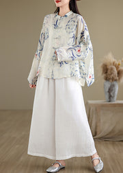 Art Oversized Print Chinese Button Linen Blouses Spring