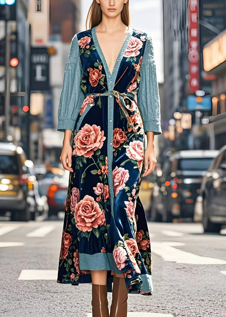 Art Peacock Blue Floral Patchwork Silk Velvet Long Dresses Spring