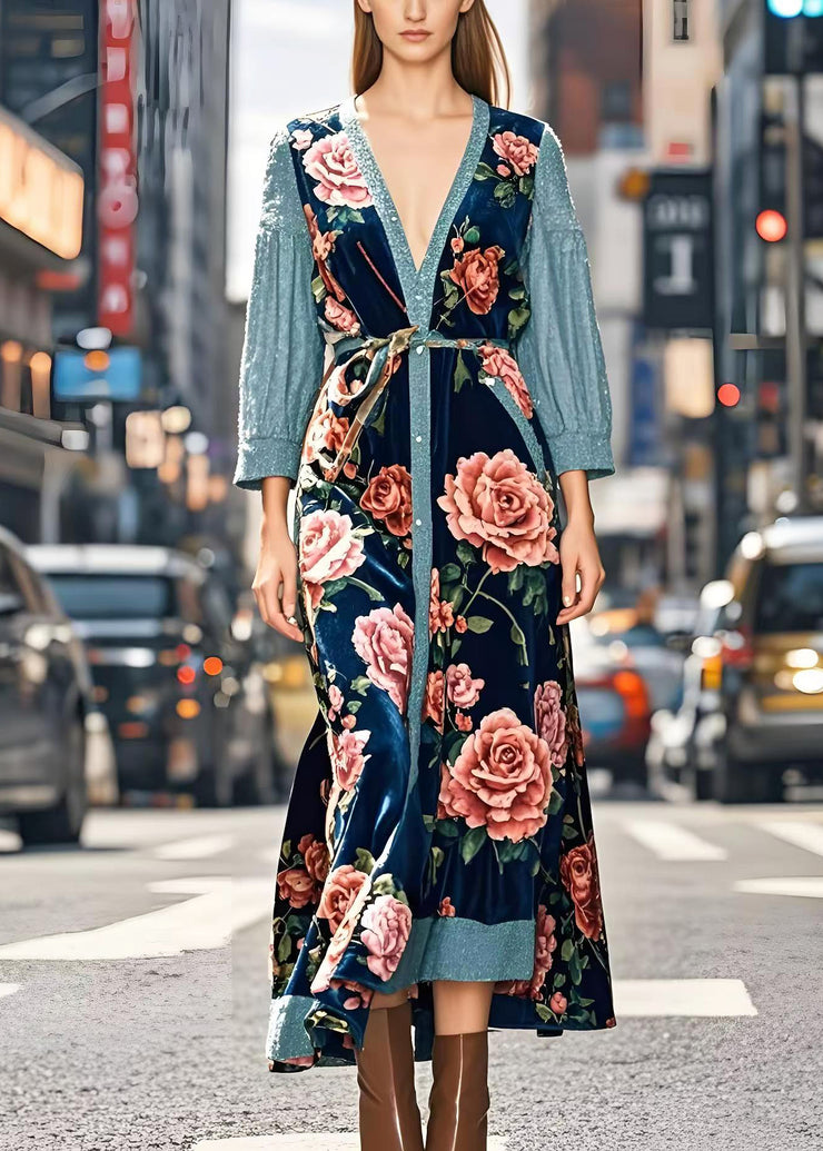 Art Peacock Blue Floral Patchwork Silk Velvet Long Dresses Spring