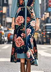 Art Peacock Blue Floral Patchwork Silk Velvet Long Dresses Spring