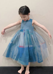 Art Peacock Blue O Neck Wrinkled Patchwork Tulle Kids Girls Long Dress Sleeveless