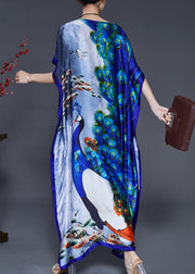 Art Peacock Blue Print Silk Holiday Dress Batwing Sleeve