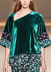 Art Peacock Green Asymmetrical Patchwork Print Silk Velour Shirt Top Spring