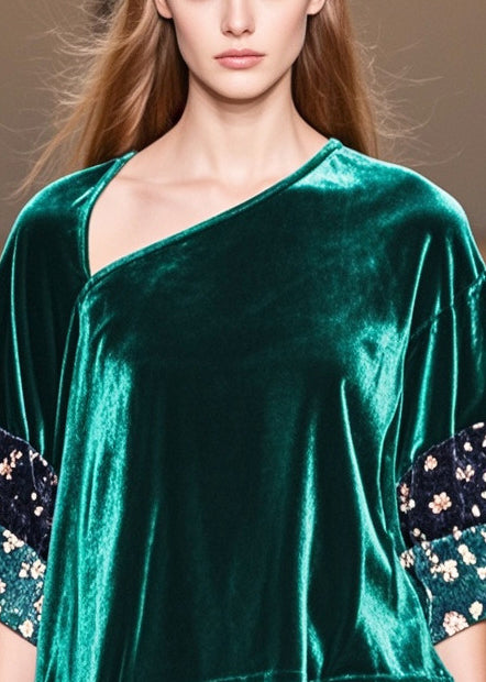 Art Peacock Green Asymmetrical Patchwork Print Silk Velour Shirt Top Fall