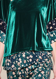 Art Peacock Green Asymmetrical Patchwork Print Silk Velour Shirt Top Spring