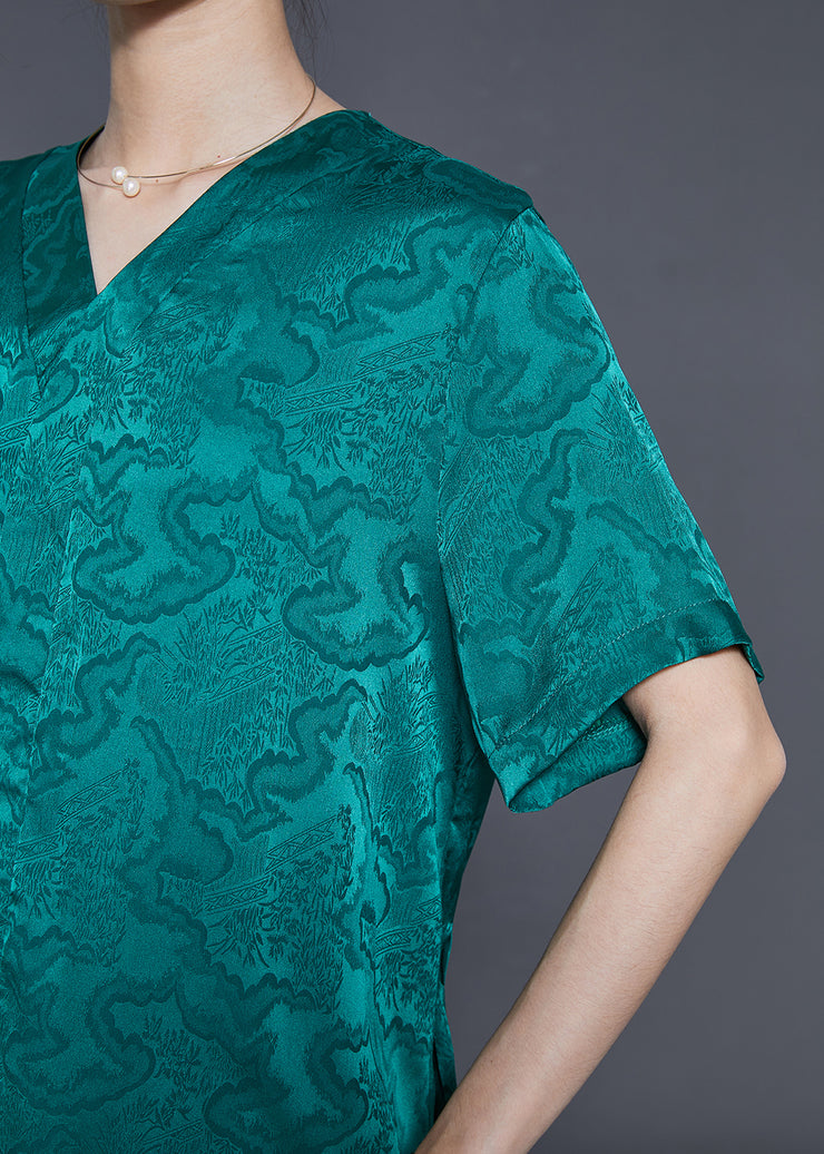Art Peacock Green Jacquard Silm Fit Silk Two Pieces Set Summer