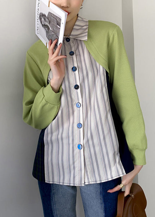 Art Peter Pan Collar Striped Patchwork Button Shirts Long Sleeve