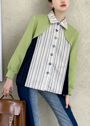 Art Peter Pan Collar Striped Patchwork Button Shirts Long Sleeve