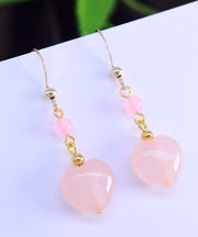 Art Pink 14K Gold Crystal Heart Shaped Drop Earrings