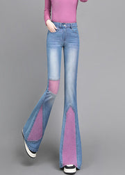 Art Pink Asymmetrical Patchwork Denim Bell-bottom Trousers Spring