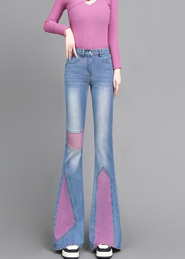 Art Pink Asymmetrical Patchwork Denim Bell-bottom Trousers Spring