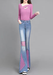 Art Pink Asymmetrical Patchwork Denim Bell-bottom Trousers Spring