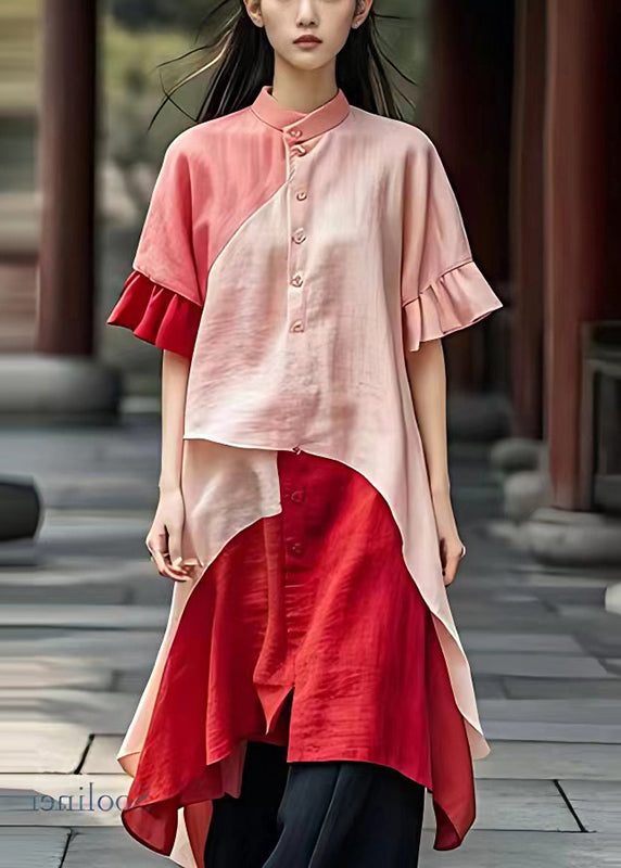 Art Pink Asymmetrical Patchwork Linen Shirt Dress Summer