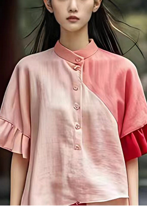 Art Pink Asymmetrical Patchwork Linen Shirt Dress Summer