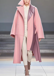 Art Pink Asymmetrical Patchwork Woolen Trench Fall