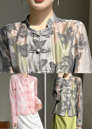 Art Pink Butterfly Button Silk Blouse Fall