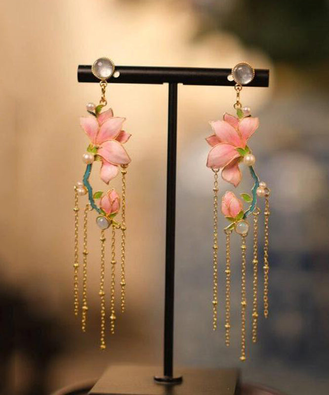 Art Pink Copper Overgild Enamel Jade Orchid Tassel Drop Earrings