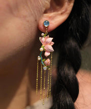 Art Pink Copper Overgild Enamel Jade Orchid Tassel Drop Earrings