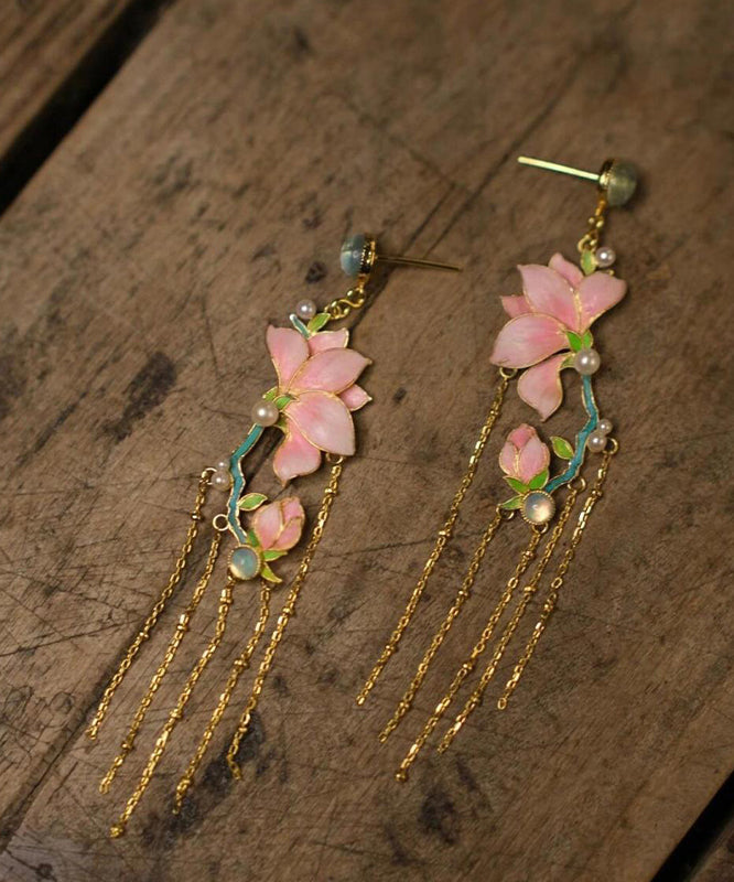 Art Pink Copper Overgild Enamel Jade Orchid Tassel Drop Earrings