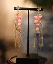 Art Pink Copper Overgild Enamel Jade Orchid Tassel Drop Earrings