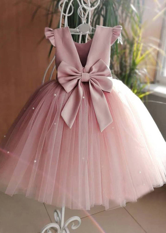 Art Pink Cute Pink Tulle Patchwork Pearl Girls Long Dresses Summer