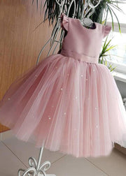 Art Pink Cute Pink Tulle Patchwork Pearl Girls Long Dresses Summer