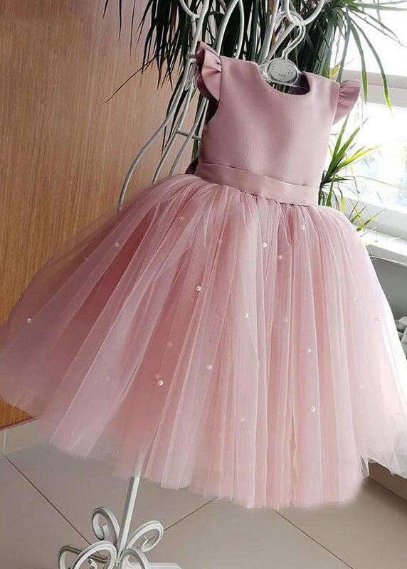 Art Pink Cute Pink Tulle Patchwork Pearl Girls Long Dresses Summer