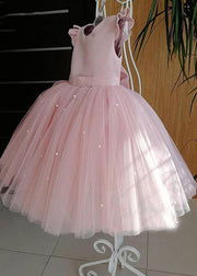 Art Pink Cute Pink Tulle Patchwork Pearl Girls Long Dresses Summer