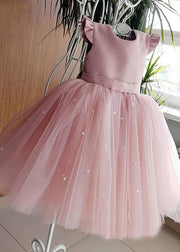 Art Pink Cute Pink Tulle Patchwork Pearl Girls Long Dresses Summer