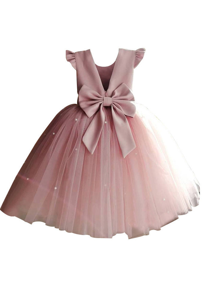 Art Pink Cute Pink Tulle Patchwork Pearl Girls Long Dresses Summer