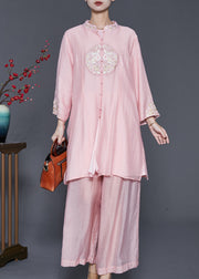 Art Pink Embroidered Linen Silk Two Pieces Set Spring