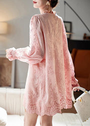 Art Pink Embroidered Ruffled Shirts Dress Fall