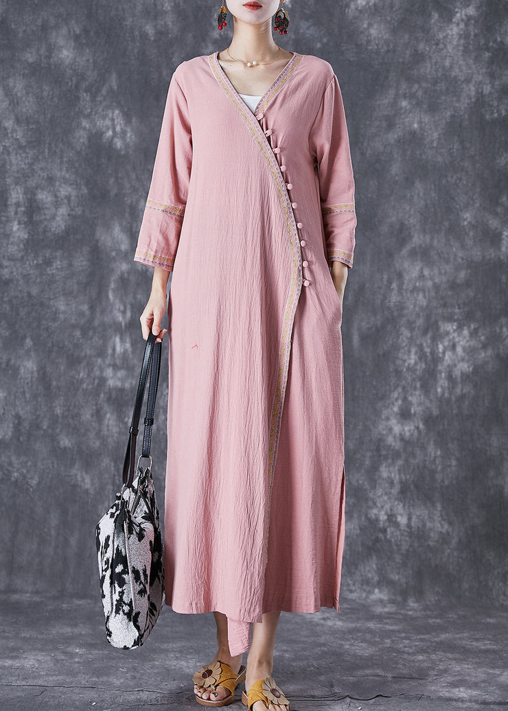 Art Pink Embroidered Button Linen Dresses Fall