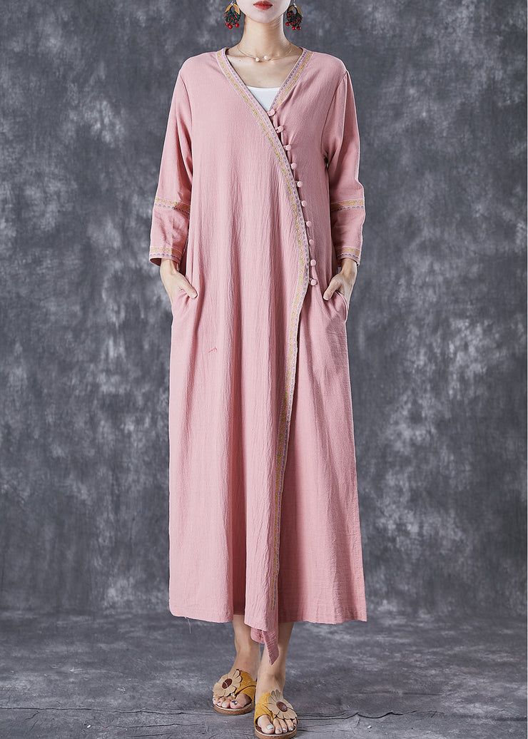 Art Pink Embroideried Button Linen Dresses Fall