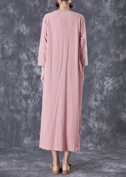 Art Pink Embroidered Button Linen Dresses Fall