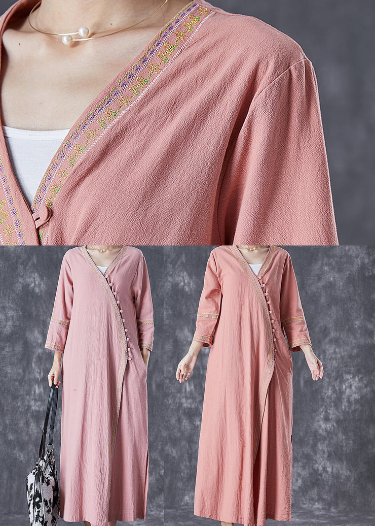 Art Pink Embroideried Button Linen Dresses Fall